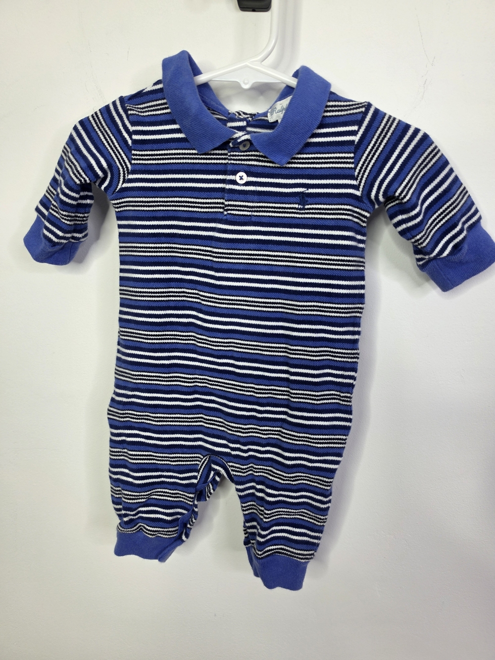 Vintage Ralph Lauren Baby 3M Blue Striped Rugby Polo Coverall Romper 100% Cotton